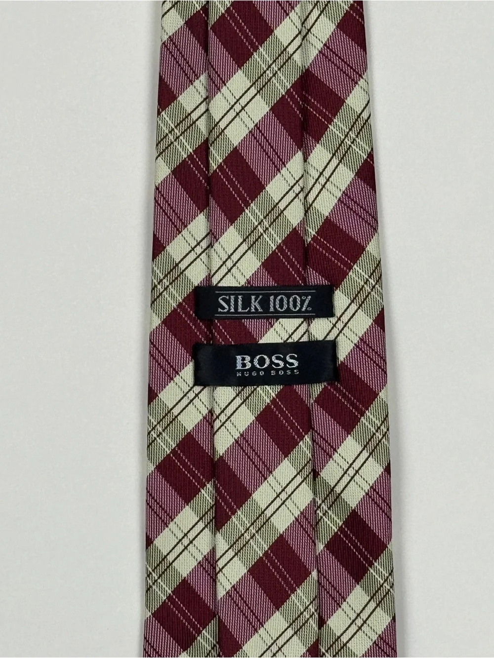 Hugo Boss Maroon and Cream Plaid Silk Tie